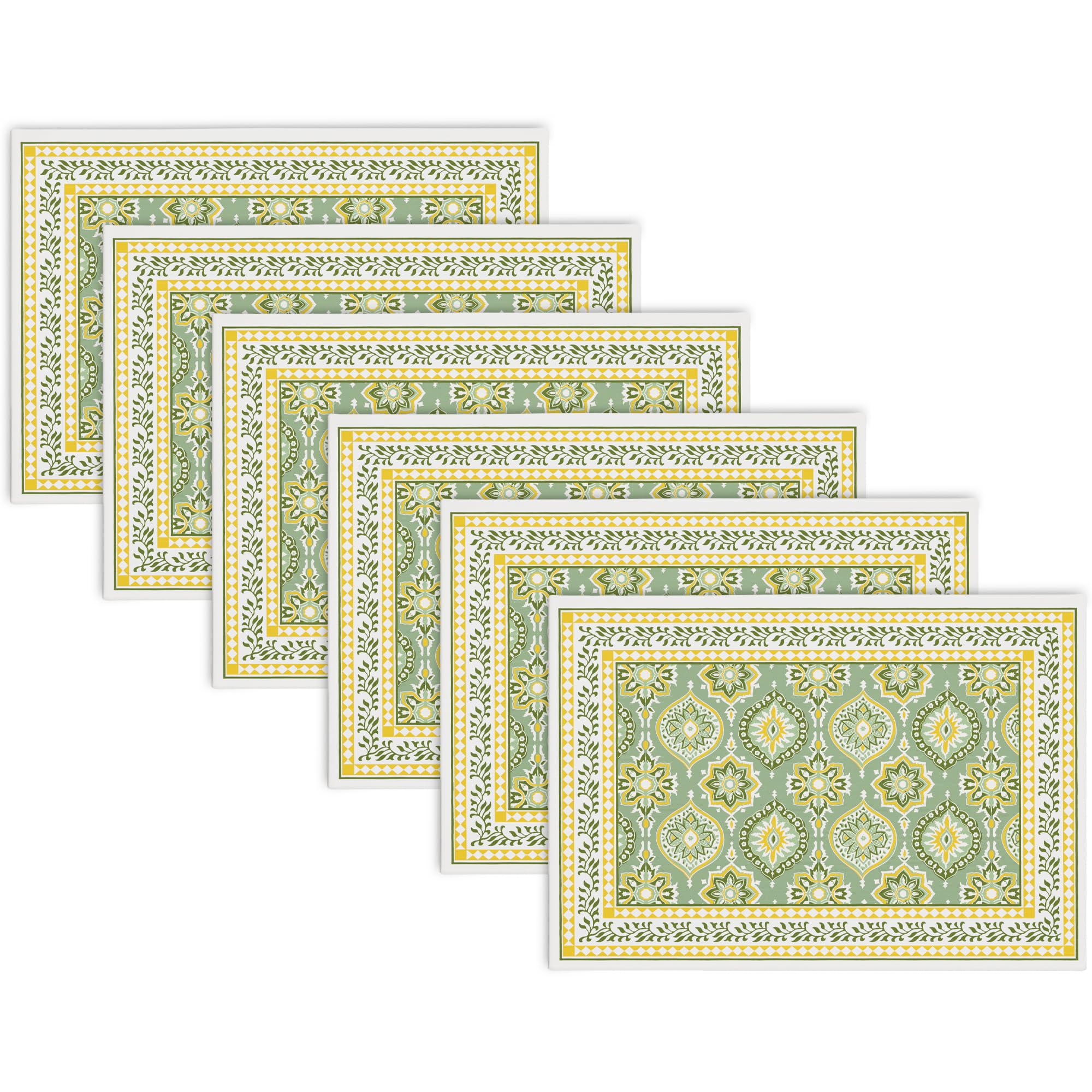 Encasa XO Block Printed Cotton Dining Table Placemats, Hand Print Sage-03 Kafalo