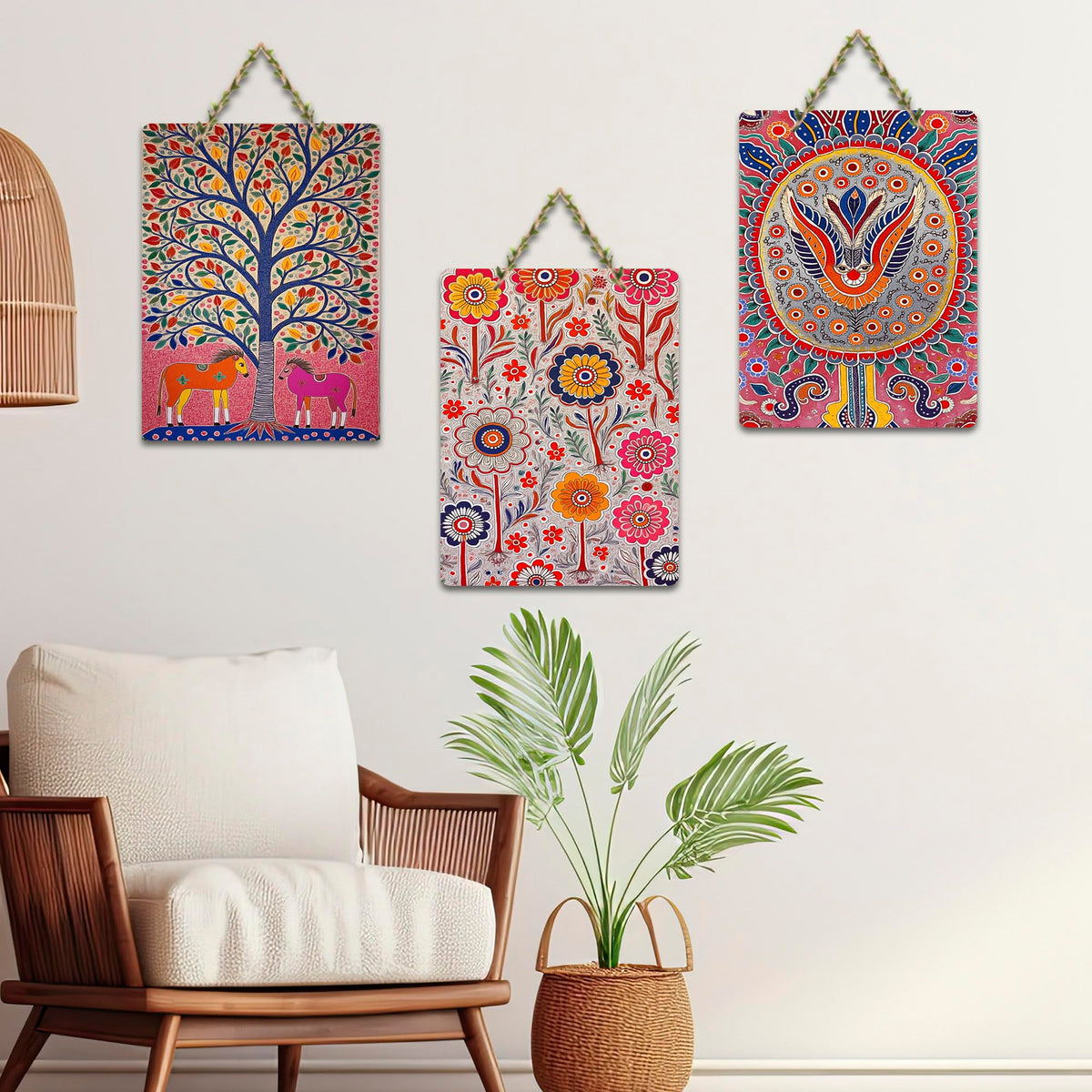 Artvibes Colorful Nature Wall Decor Wooden Wall Hanger for Home Decor | Living Room | Office | Cafe | Painting Wall Decor | Wall Poster | Artworks Hangings | Unique Gift (WH_96130N), Set of 3