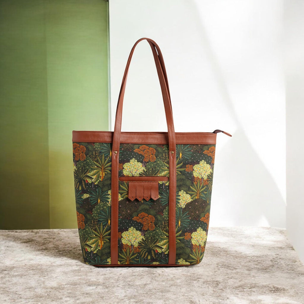 KALOOM Women’s Tote Bag with Zip Closure | Cotton Canvas & Vegan Leather Shoulder Bag | Spacious Printed Handbag with Outer Pocket for Office, Travel & Daily Use (Green)