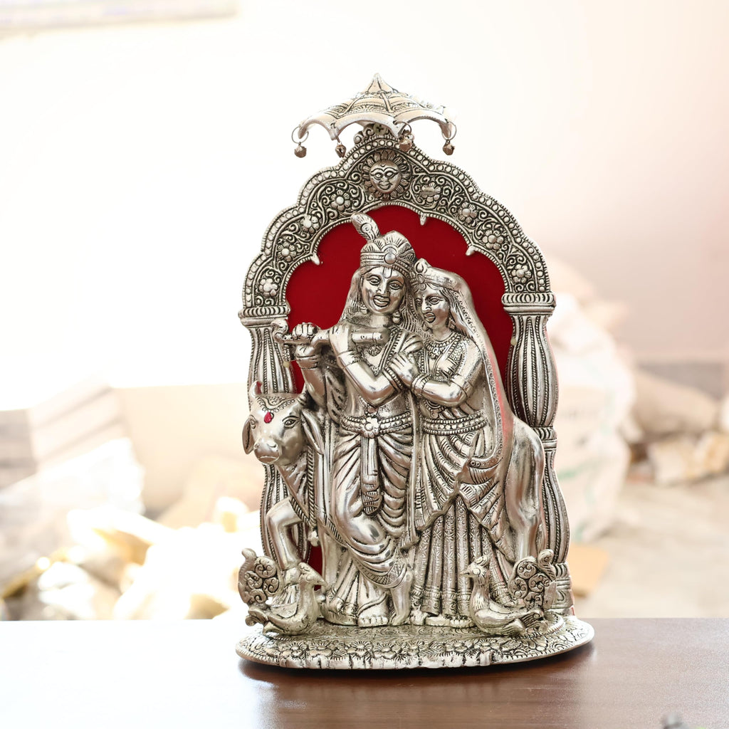 KridayKraft Metal Radha Krishna Idol with Cow Decorative Showpiece Statue for Puja Room Home Office Desk Gift Items Ornate Metal Sculpture of Hindu Deities (Silver, Height 33 CM)