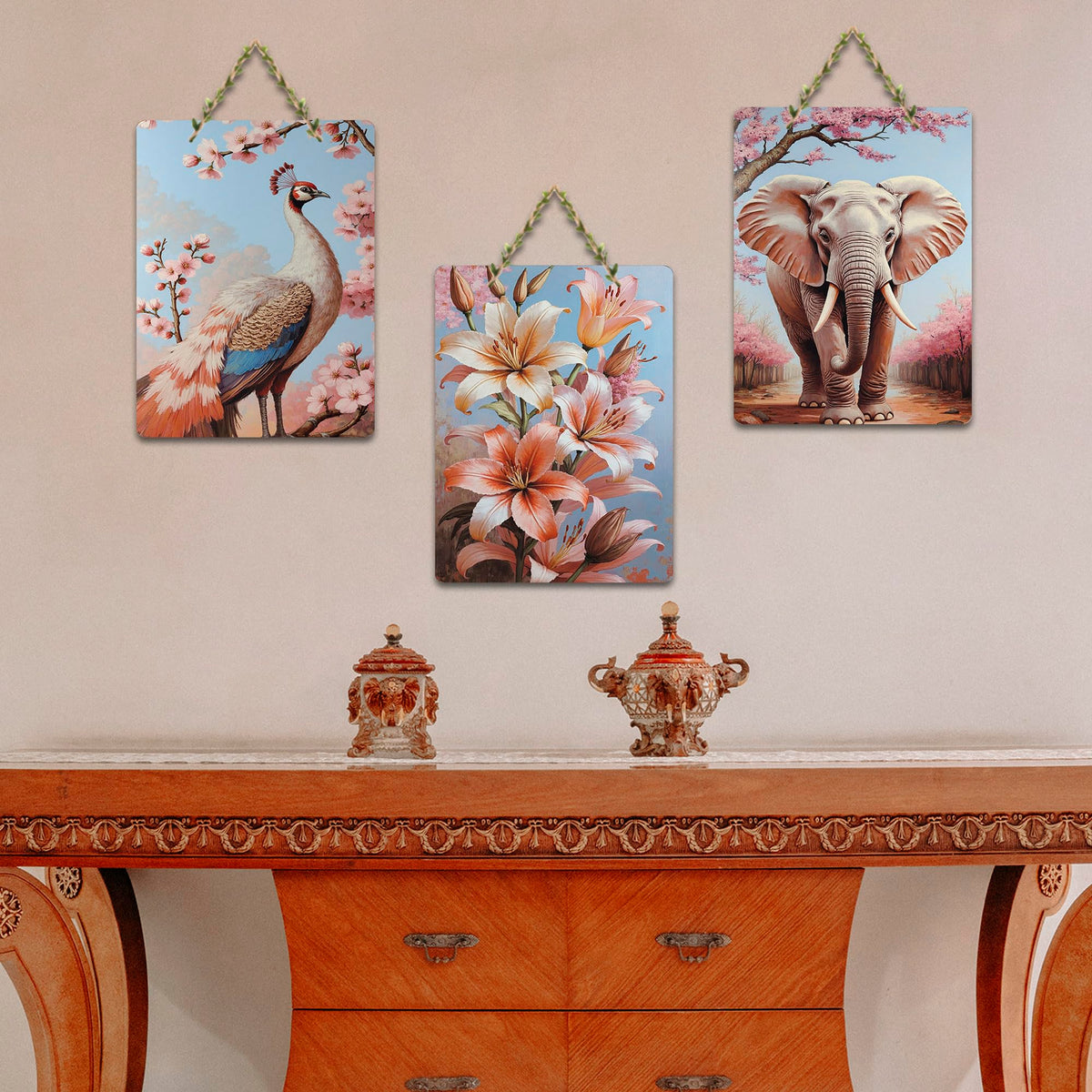 Artvibes Elephant, Peacock & Floral Harmony Decorative Wall Hanging Ornaments | Handcrafted Art | Festive Decor | Wall Illustrations | Paintings For Wall | Unique Gift Items (WH_9654N), Set of 3
