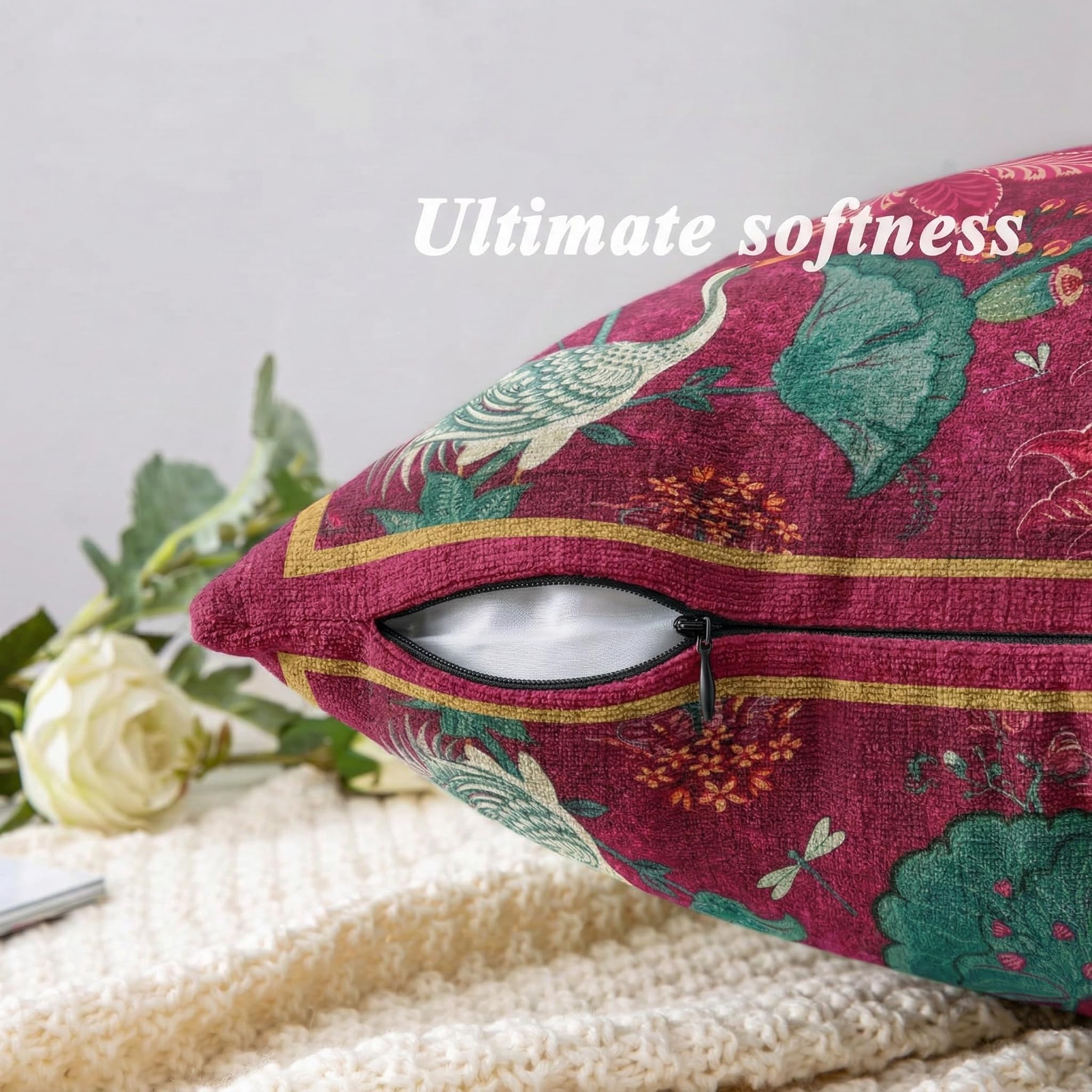 ishro home Premium Cushion Cover 18 inch x 18 inch | Luxury European Mosha Fabric | Love at First Sight Designs | Hidden Zipper | Machine Washable, Non- Fading | (2, Ruby Palace, 18 x 18 Inches)