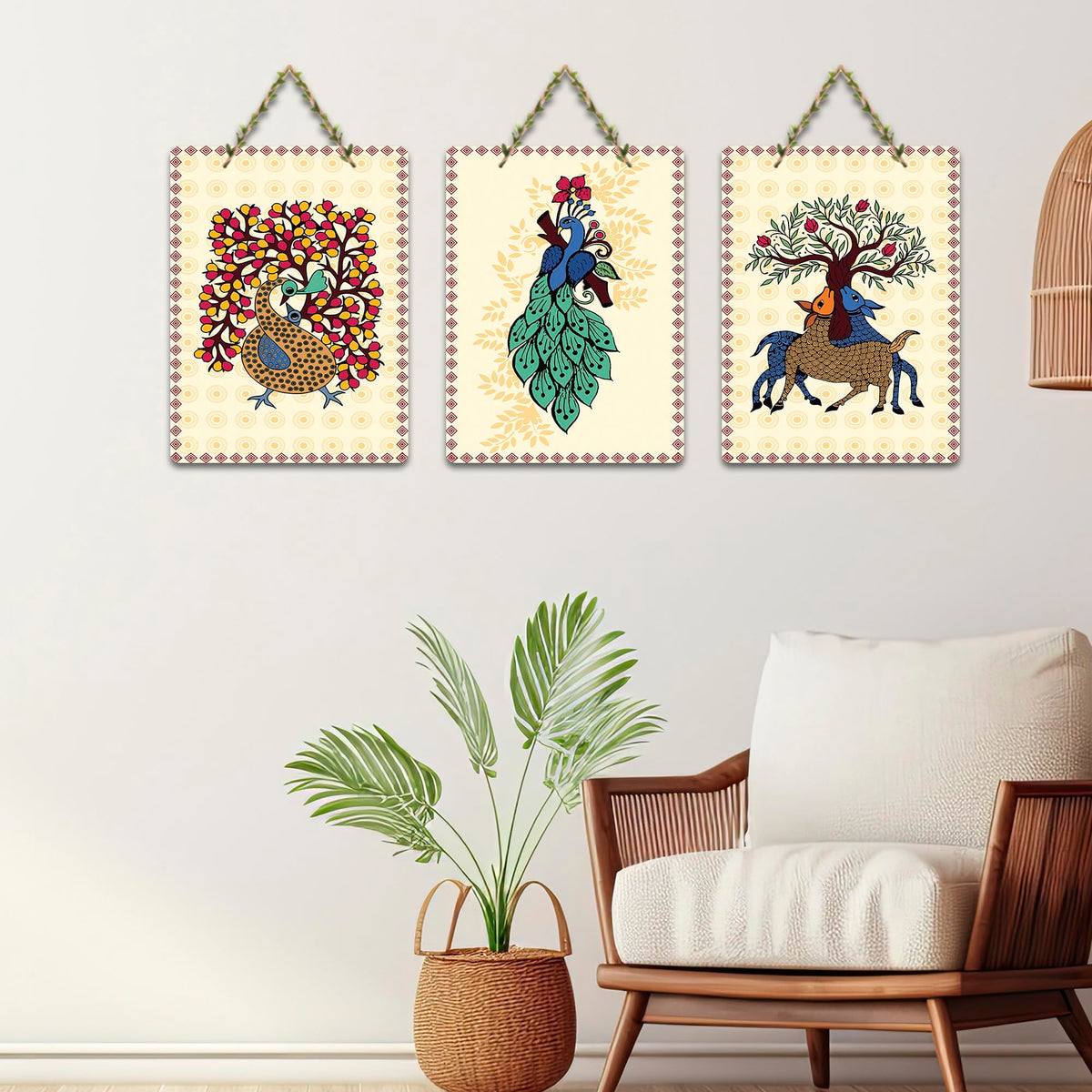Artvibes Aesthetic Peacock & Tree Classical Art Decorative Wooden Wall Hanging For Living Room | Printed Wall Decoration | Graphic Artwork | Wall Illustrations | Gift Items (WH_9687N), Set of 3