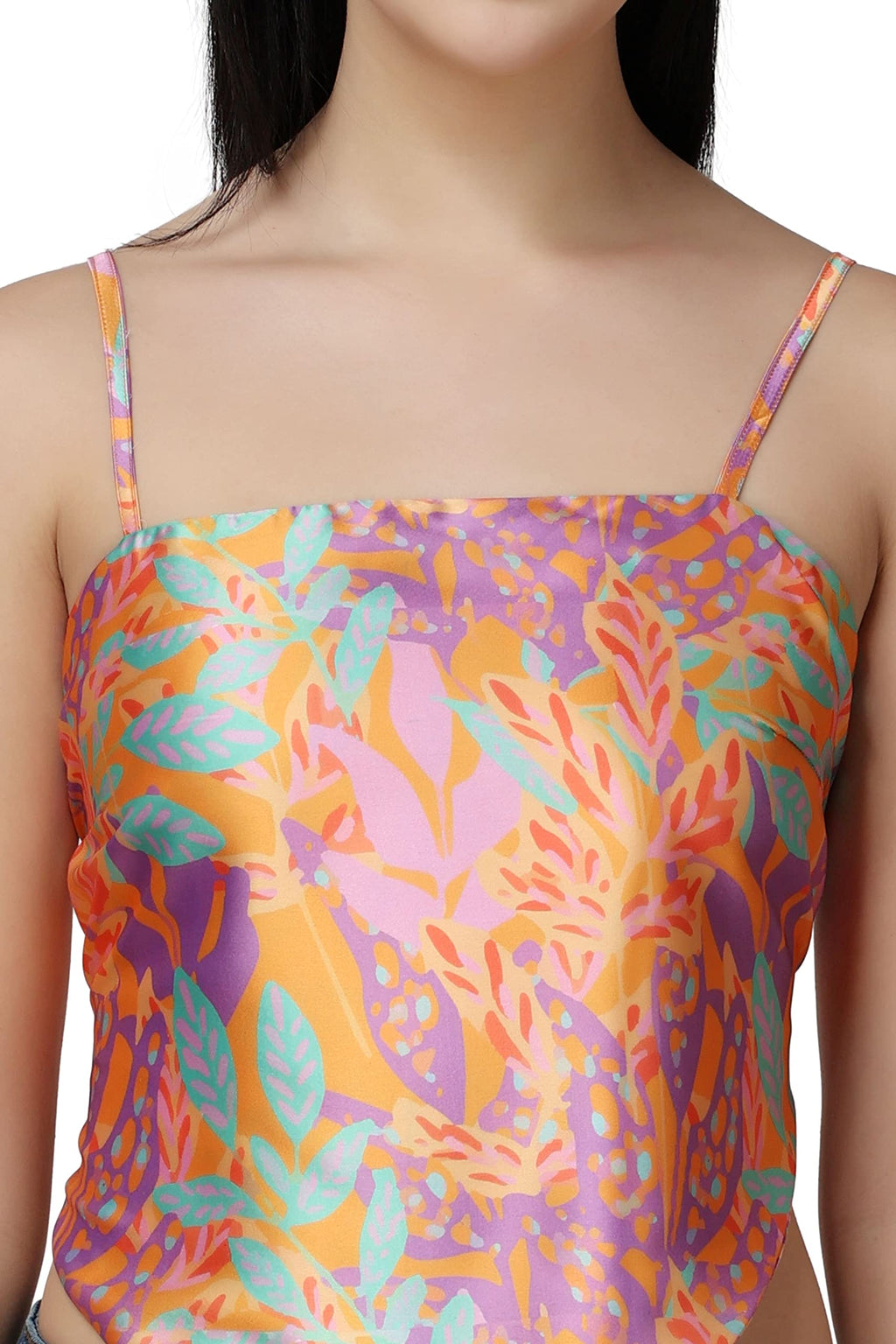 POPWINGS Women Casual Multicolor Printed Regular Satin Scarf Knot Solid Crop Top