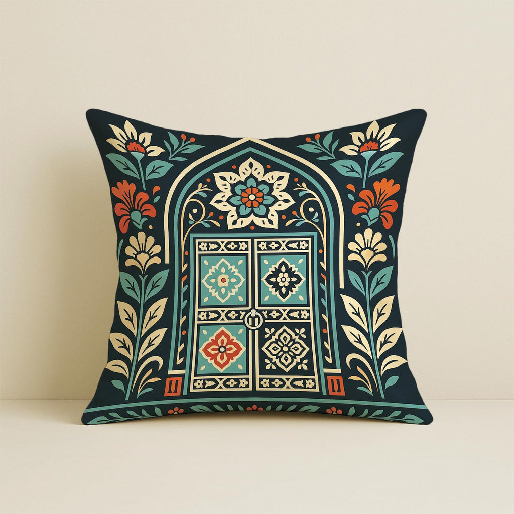 STITCHNEST Satin Cushion Covers Pack of 2 Rajasthani Haveli Door & Floral Arch Design, 16x16 Inch, Black Ethnic Decor for Sofa, Living Room & Festive Styling