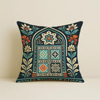 STITCHNEST Satin Cushion Covers Pack of 2 Rajasthani Haveli Door & Floral Arch Design, 16x16 Inch, Black Ethnic Decor for Sofa, Living Room & Festive Styling