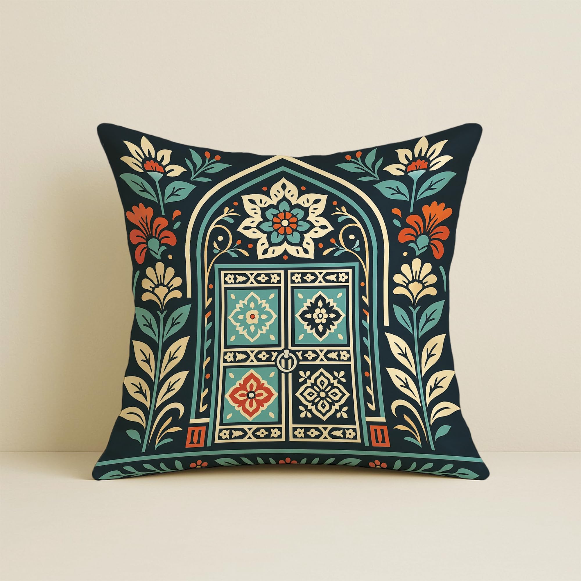 STITCHNEST Satin Cushion Covers Pack of 2 Rajasthani Haveli Door & Floral Arch Design, 16x16 Inch, Black Ethnic Decor for Sofa, Living Room & Festive Styling