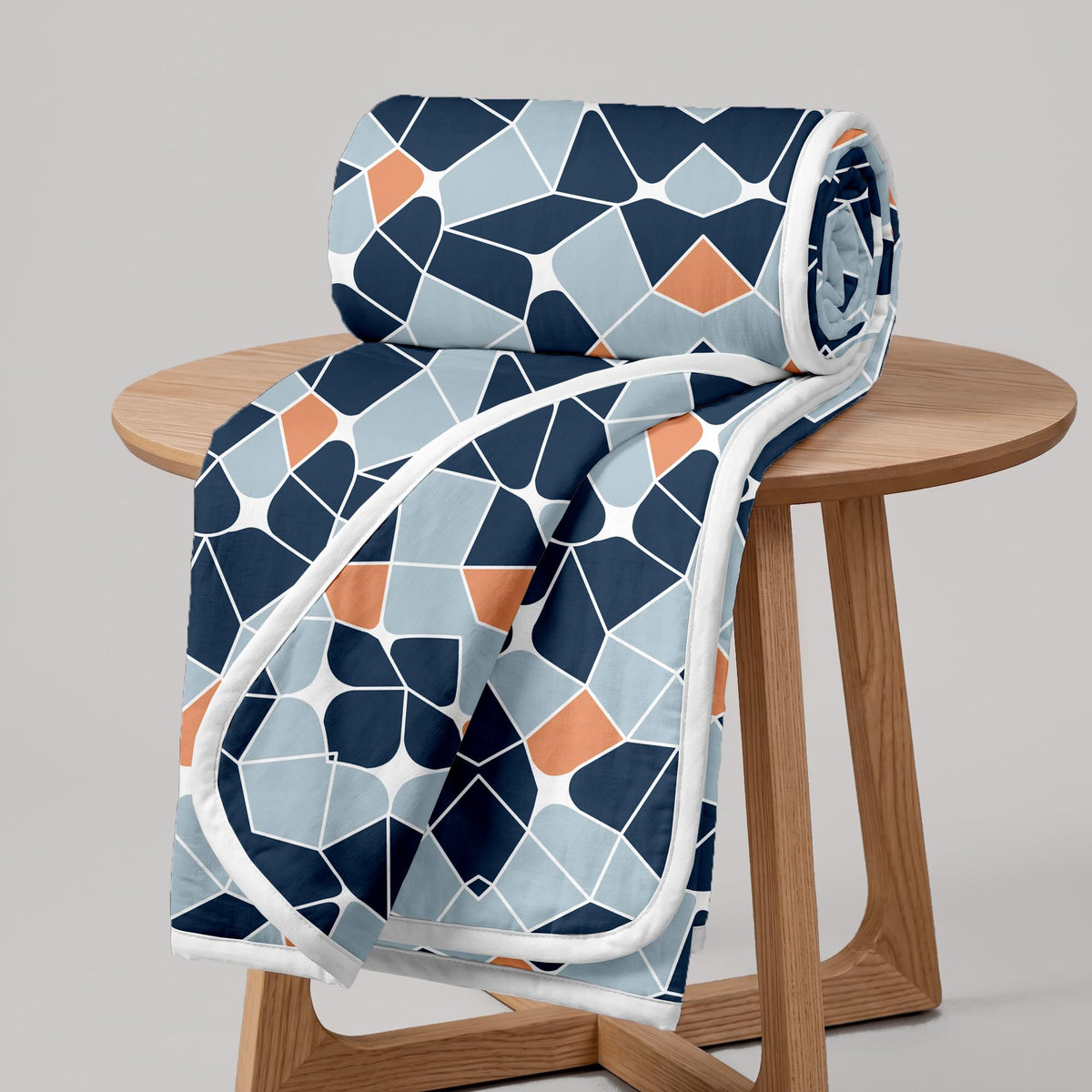 Divine Casa 120 GSM Microfiber Double Dohar | Soft & Lightweight Throw Blanket | Cozy & Breathable | All-Season Comfort | 220 x 205 CM | Geometric Pattern | Blue-Grey & Orange Kafalo