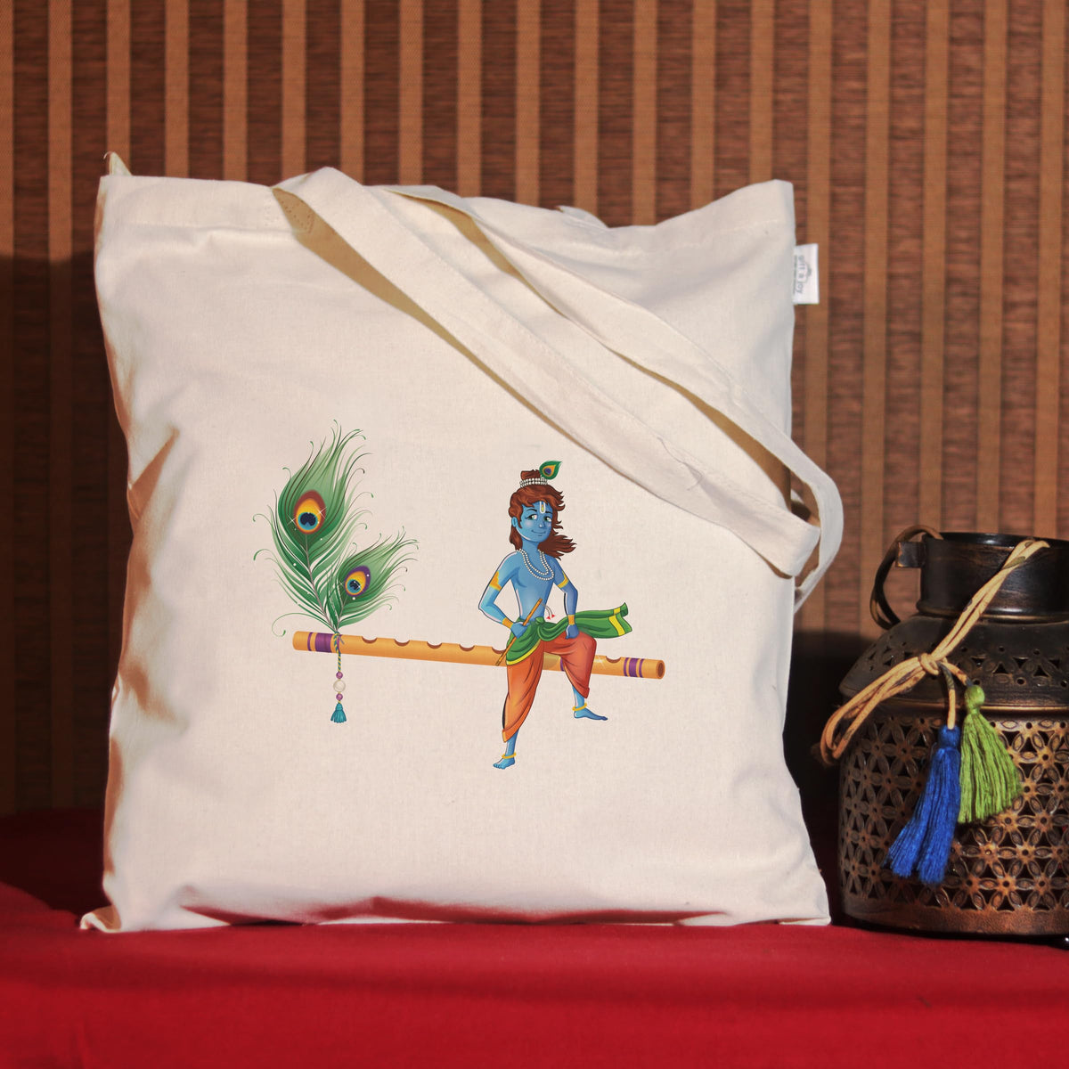 Gift a Joy Krishna On Flute Printed Cotton Canvas Tote Bag for Women | Reusable Eco-Friendly Shoulder Shopping Bag | Office, College, Travel & Everyday Use