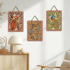 Artvibes Peacock Kalamkari Arts Wooden Art Decoration Item for Home | Living Room | Office | Wall Art Painting For Hall | Graphic Artwork | Aesthetic Wooden Decor | Ideal Gifts (WH_9605N), Set of 3