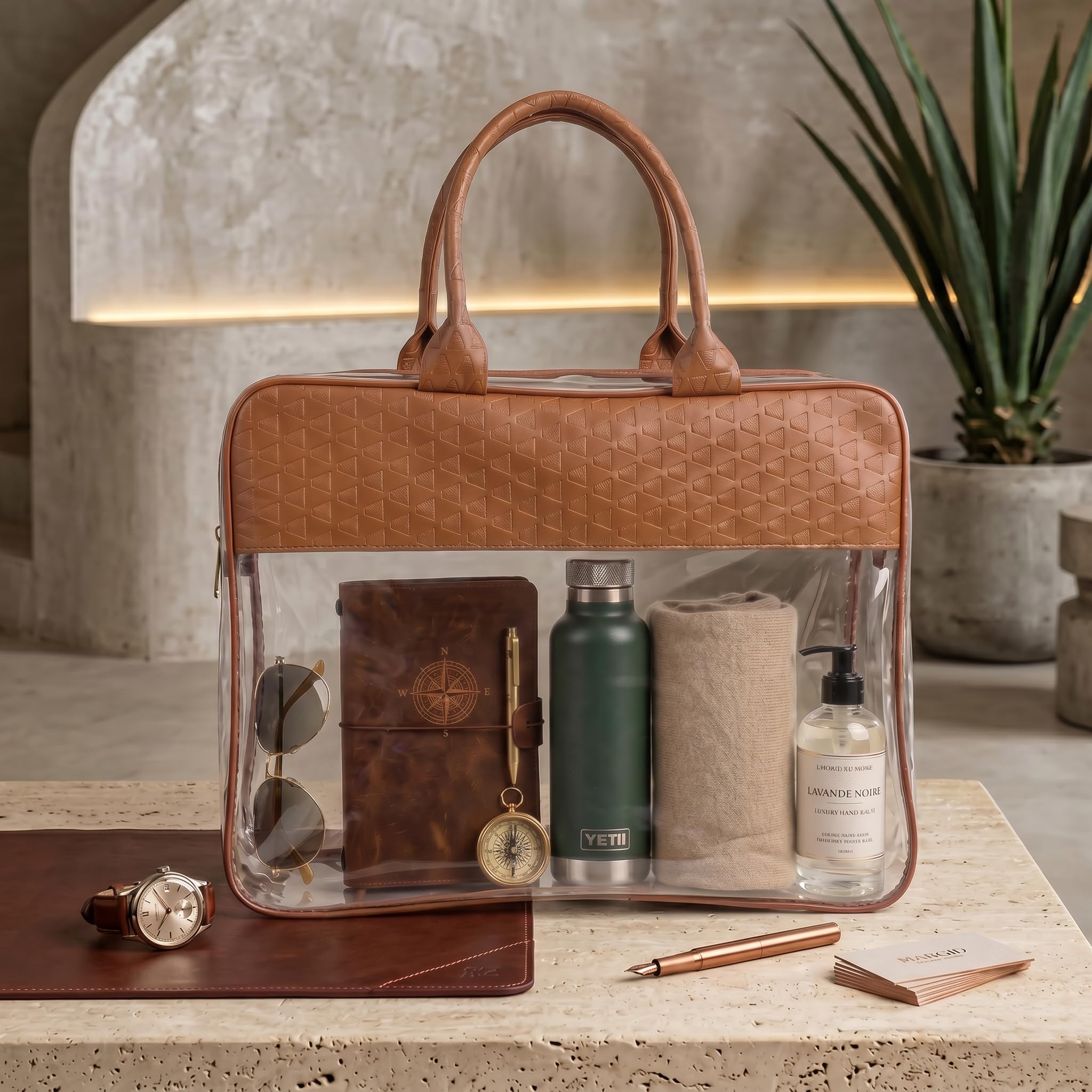 Clear Tote Bag with Brown Embossed Leather Handles, Transparent PVC Travel Organiser Handbag