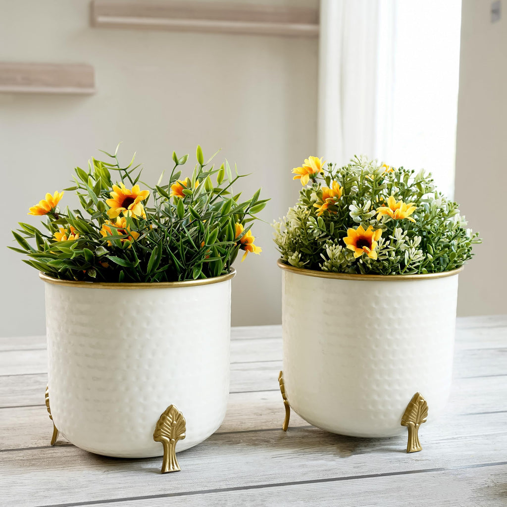 BEHOMA White Hammered Metal Planters with Gold Leaf Stand, Set of 2