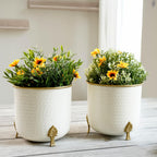 BEHOMA White Hammered Metal Planters with Gold Leaf Stand, Set of 2