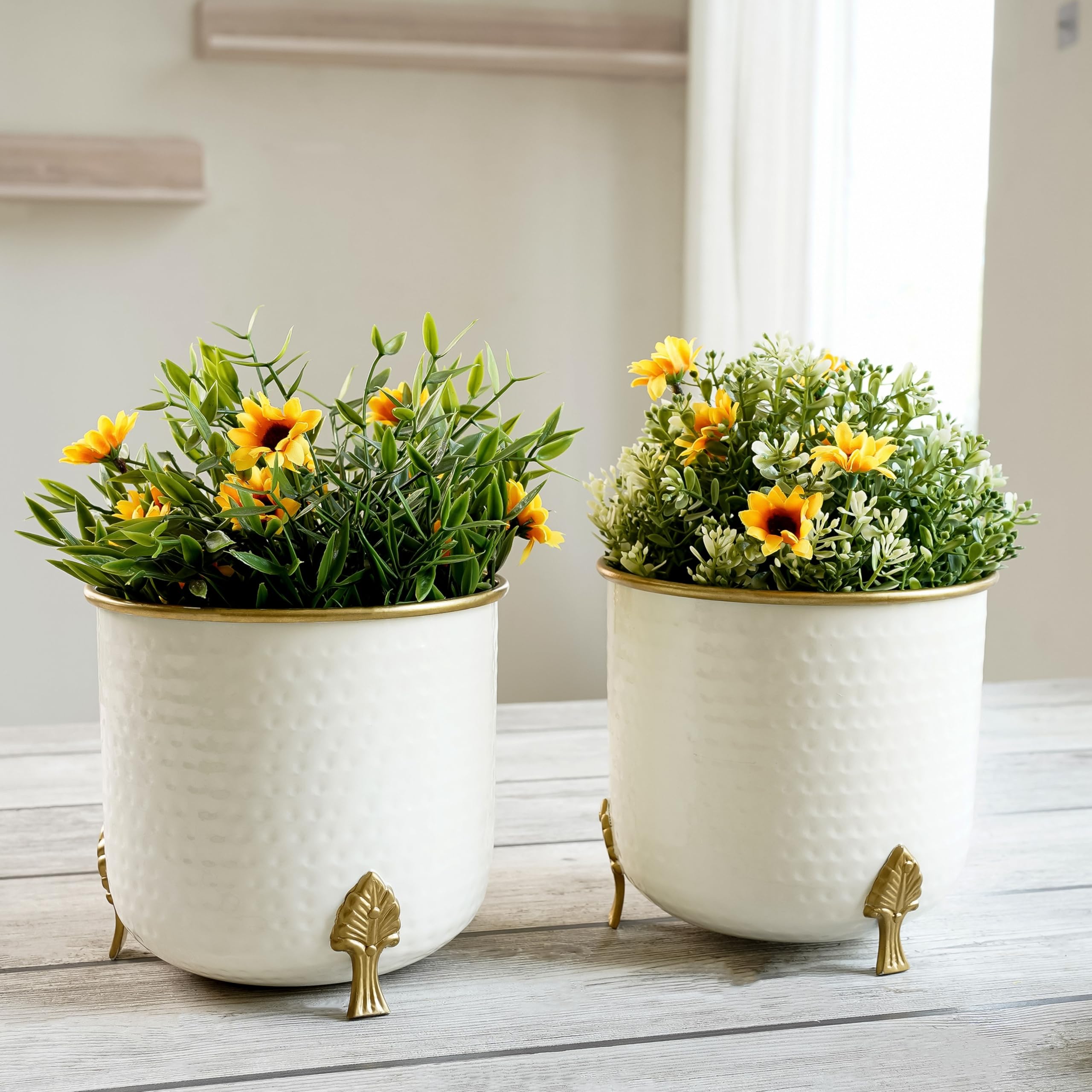 BEHOMA White Hammered Metal Planters with Gold Leaf Stand, Set of 2