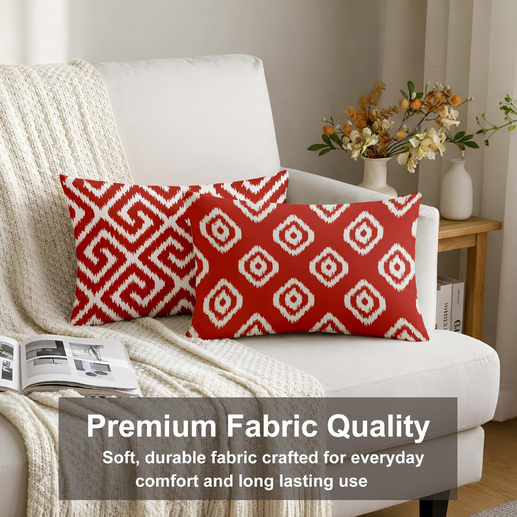 STITCHNEST Set of 2 Polycotton Cushion Covers – 12x18 Inches – Red & White Ikat Geometric Print – Elegant Cushion Covers for Sofa, Couch & Living Room | Perfect for Home Decor