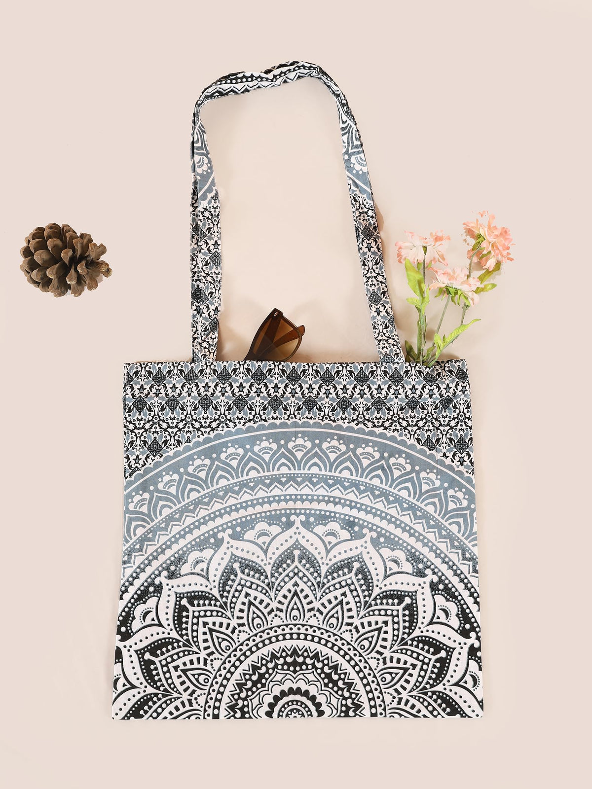 Ravaiyaa - Attitude is everything Cotton Shoulder Bag/Tote Bag For Women| Printed Multipurpose Handbag With Top Zip | Best For Shopping, Travel, Work, Beach, Office, College (White Grey Ombre Mandala)
