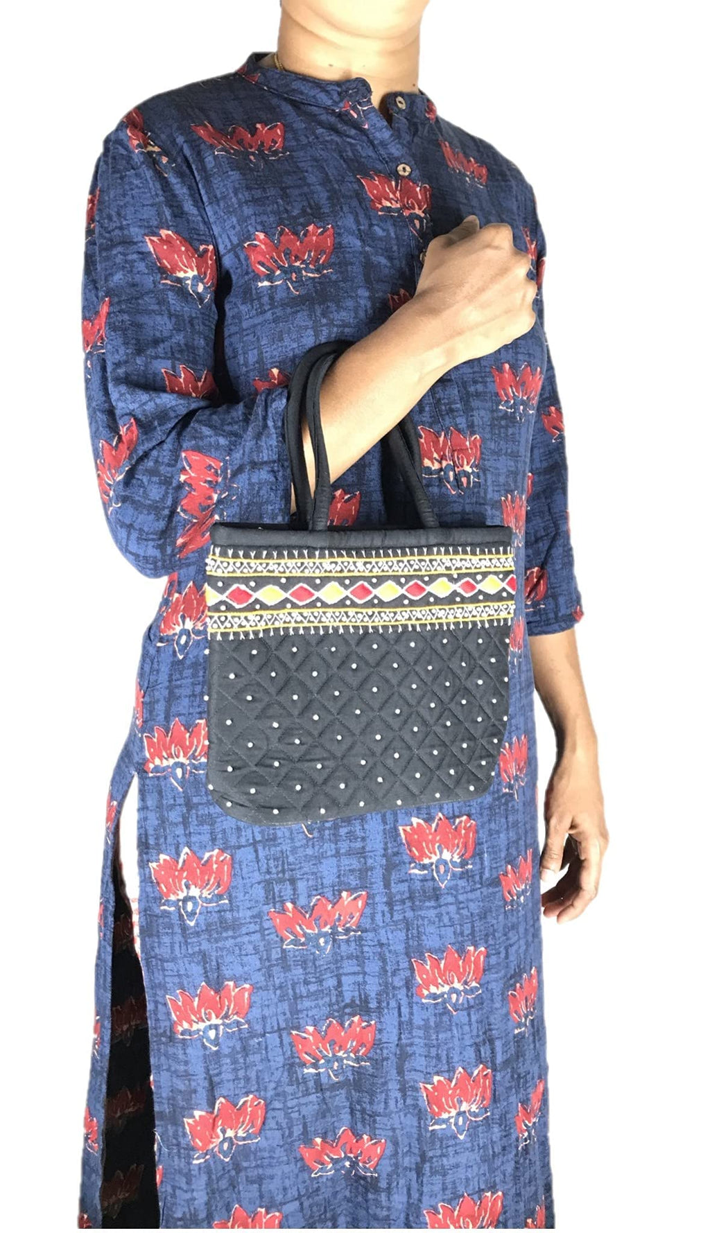 srishopify handicrafts Size MINI Basket Bags for Women Banjara Handmade Small Handle Bag for Girls Hand Purse 9x7x3 Inch cotton premium bags (Beads and Thread Work Handcraft bag)