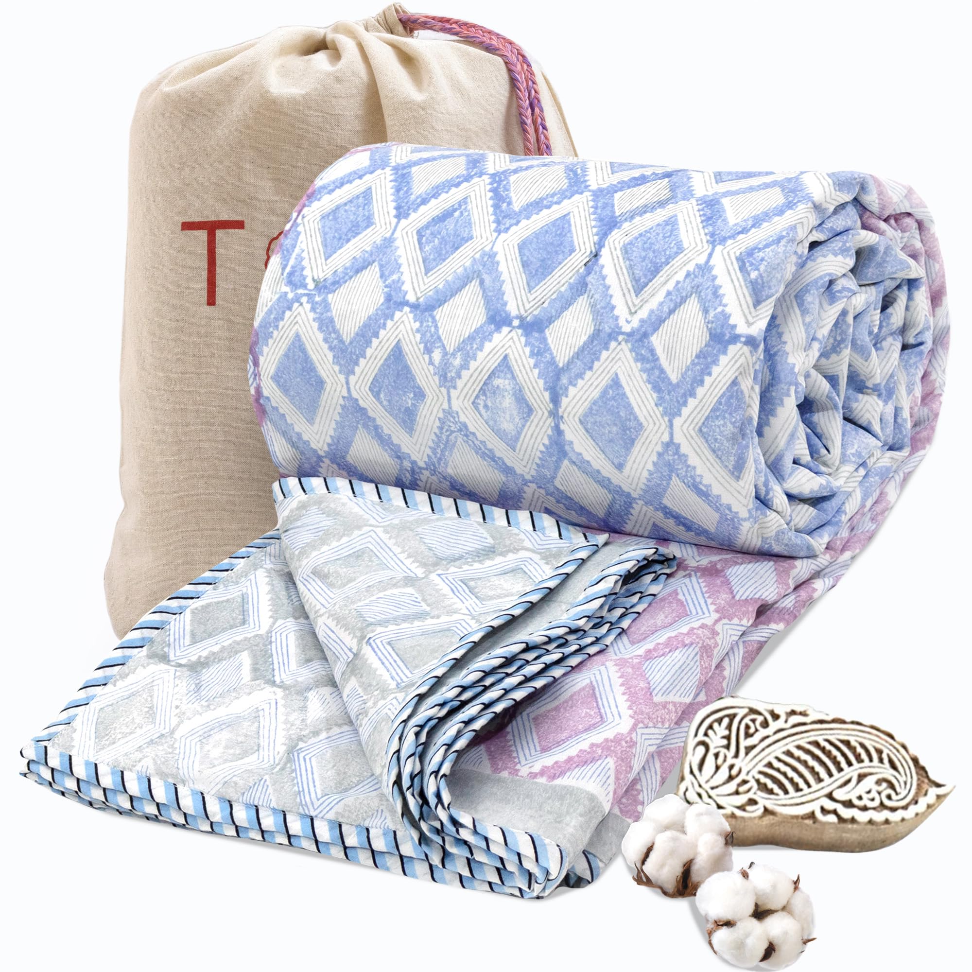 TOAIArt Premium Jaipuri Dohar | AC Blanket Summer Quilt | Hand Block Printed | 3 Layers | Reversible| 150GSM 100% Mulmul Cotton| 100% Cotton Flannel Filling| Queen 90 X 108|Vintage Geometric Pattern Kafalo