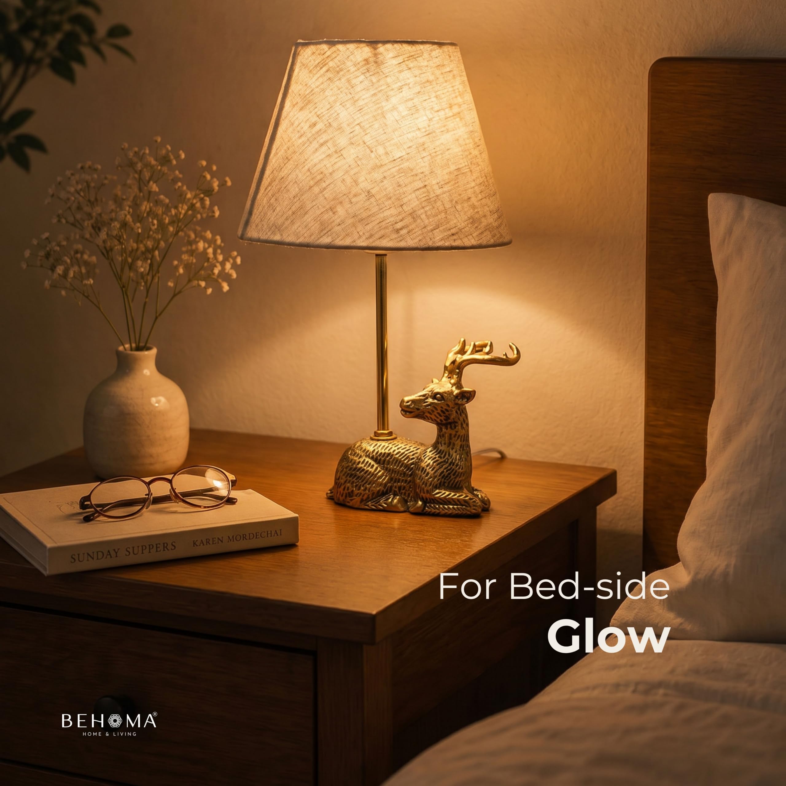 BEHOMA Deer Table Lamp with Antique Metal Base & Fabric Shade