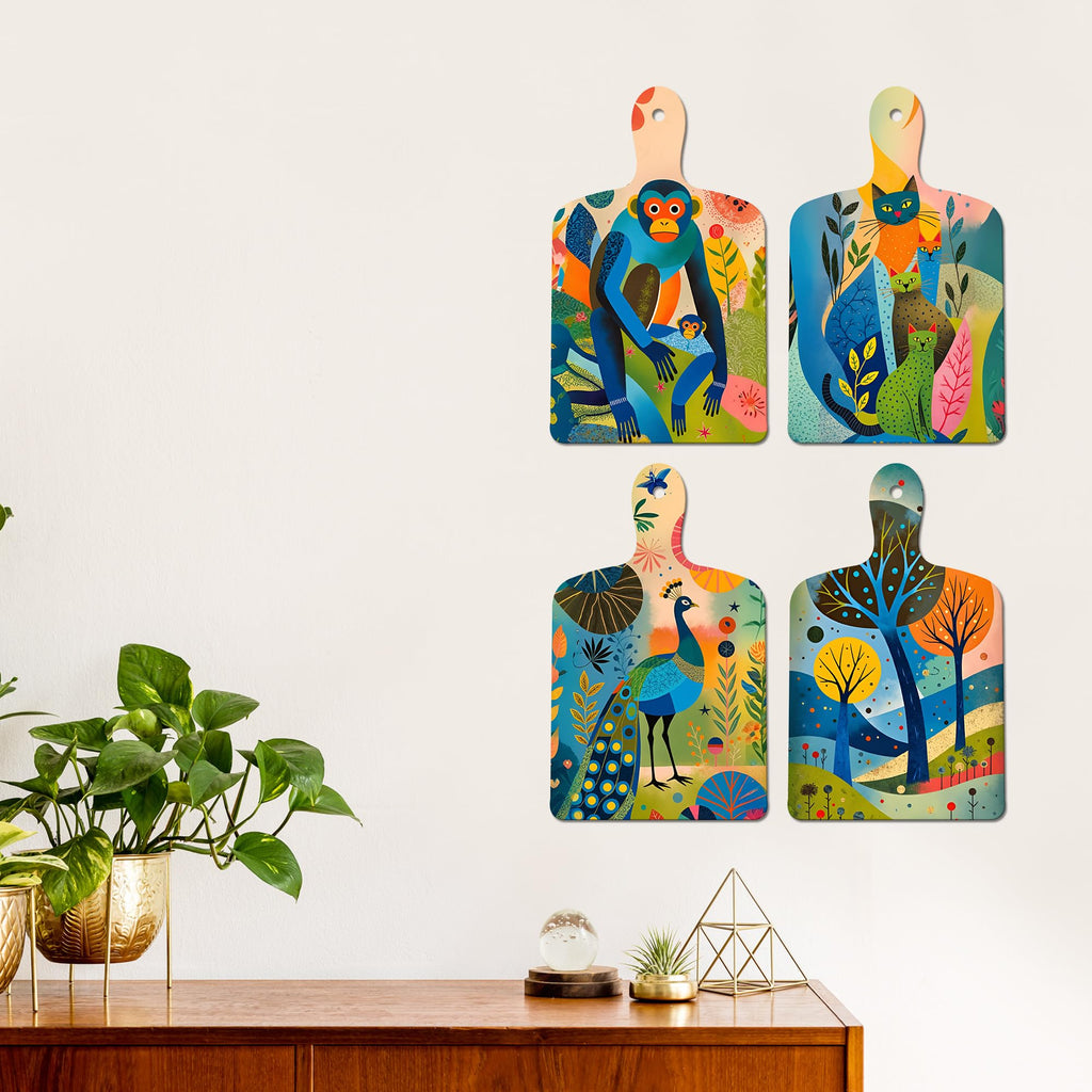 Artvibes Artistic Monkey Cat & Nature Decorative MDF Wooden Wall Art for Home | Wall Sculpture | Signs & Plaques | Handcrafted Art | Wall Illustrations | Art For Wall | Gift Items (WH_5660N), Set of 4