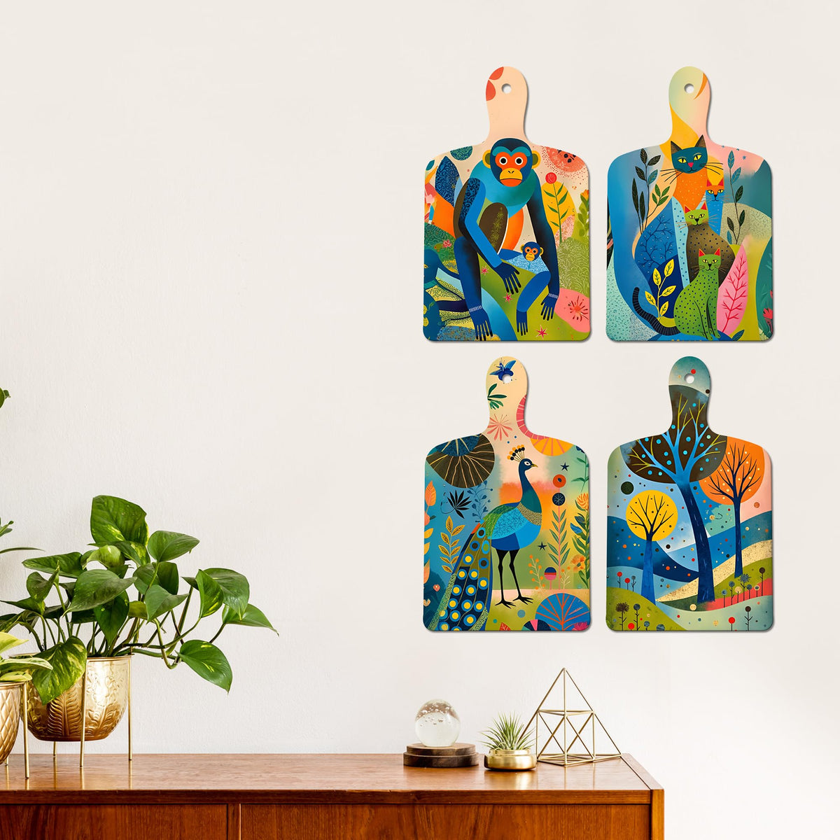 Artvibes Artistic Monkey Cat & Nature Decorative MDF Wooden Wall Art for Home | Wall Sculpture | Signs & Plaques | Handcrafted Art | Wall Illustrations | Art For Wall | Gift Items (WH_5660N), Set of 4