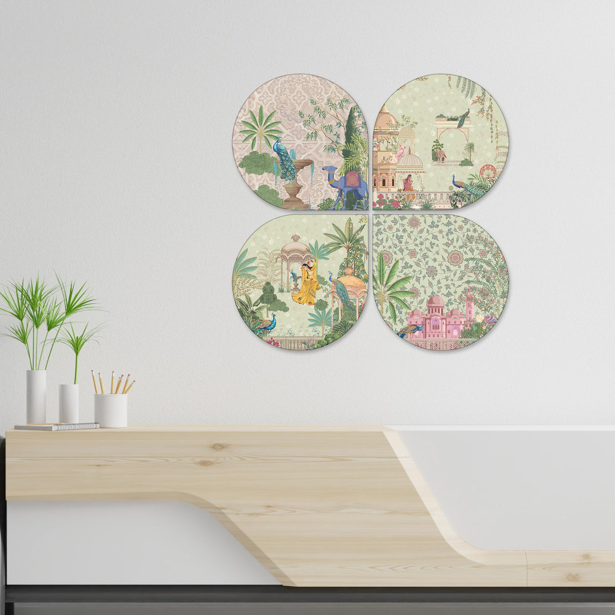 Artvibes Mughal Wooden Wall Hanger for Home Decor | Graphic Artwork | Decoration Wall Hanging Items | Wall Sculpture | Aesthetic Wooden Decor | Aesthetic Wall Art | Ideal Gifts (WH_8436N), Set of 4