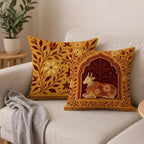 STITCHNEST Satin Cushion Covers Traditional Cow and Floral Design in Rajasthani Style, 24x24 Inch, Pack of 2 for Spiritual & Artistic Living Room Decor