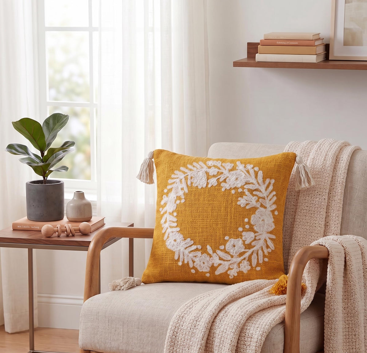 Furnistitchs Handmade Tufted Boho Cushion Covers 12x12 Inches | Embroidered Sofa Pillow Cases | Rustic Bohemian Decorative Throw Cushions for Couch Bedroom Living Room (2, Yellow Garland)