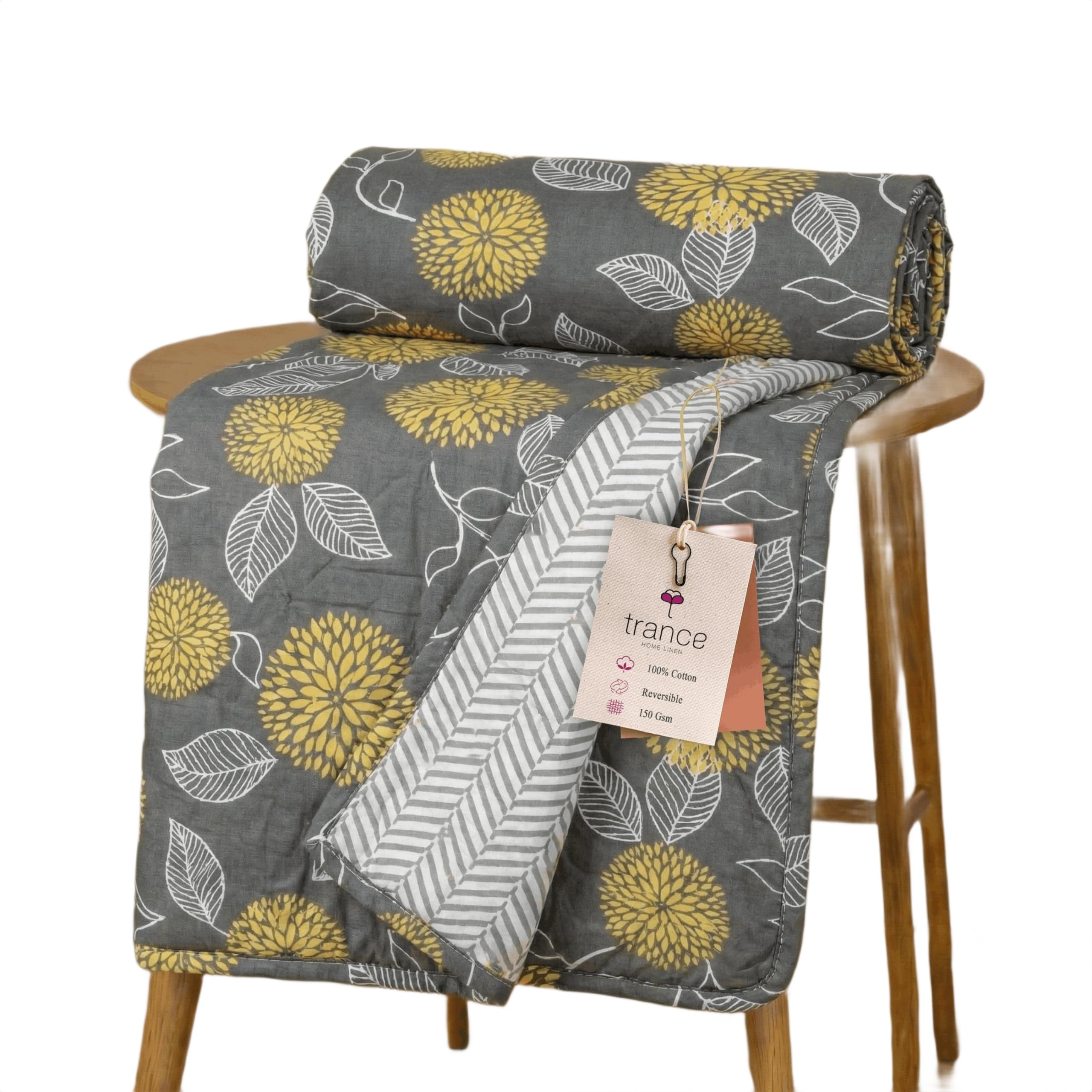 Trance Home Linen Premium 100% Cotton Dohar for Single Bed | 150 GSM | Reversible Ac Comforter | Light Weight All Season Soft Blanket (58x90 Inches | Grey Yellow Abstract) Kafalo