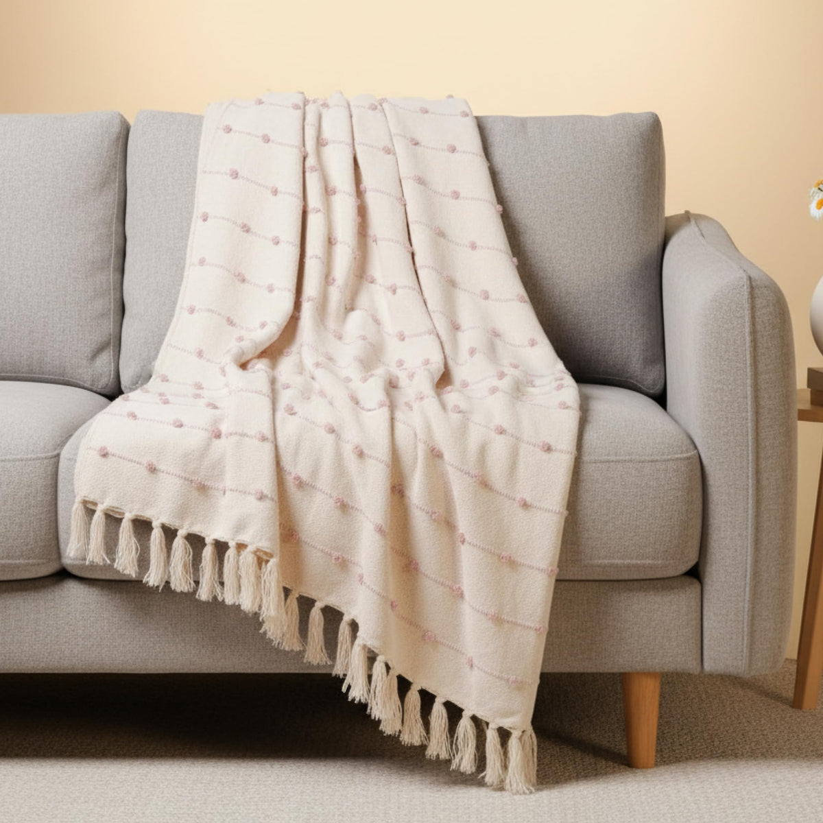 SAJAVAT HOME Hand Cotton Knitted Sofa Throw for 3 & 5 Seater | Soft Decorative Throw Blanket for Couch, Bed & Chair | Lightweight All-Season Blanket | 80×52 Inches (204×132 cm)| Beige & Pink Kafalo