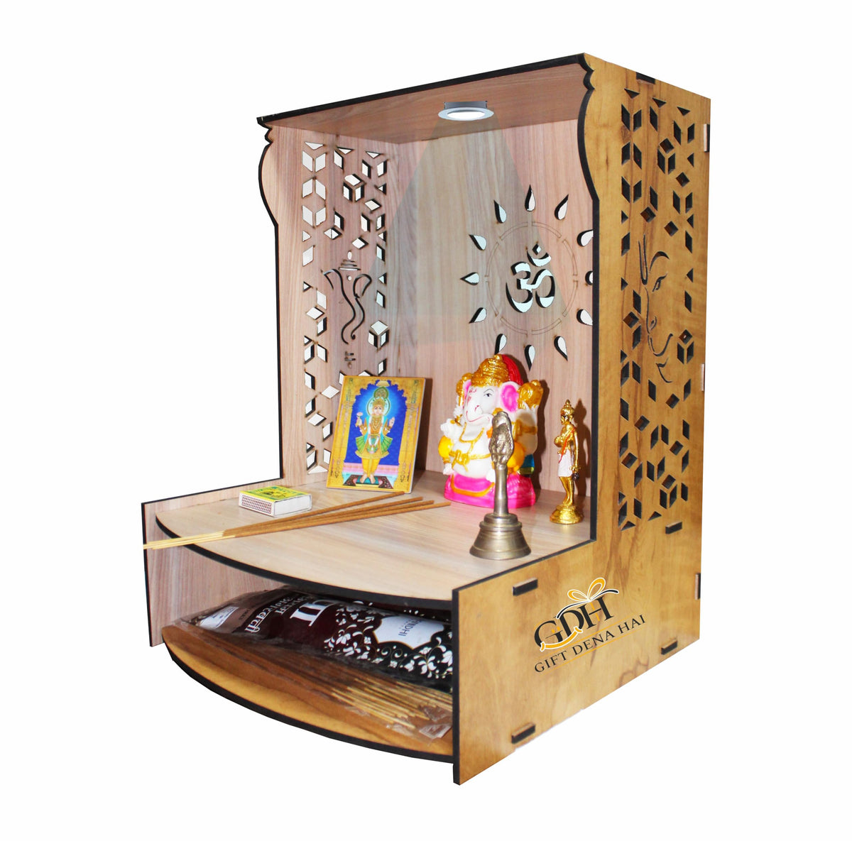 GiftDenaHai Beautiful Wooden Pooja Temple for Home and Office | Wall Shelves/Stand/Sinhasan/Mandir Perfect for Bhakti Ghar (L-12.5, B-11.5, H-16 Inch) (Wooden Temple T101)