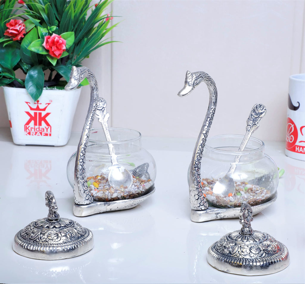 KridayKraft Metal Kissing Swan (Duck) Glass Bowl with Spoon for Saunf Supari Tray, Dry Fruit and Candy,Mukhwas Traditional Serving Bowl Set,Pack of 2 Pieces,Animal Showpiece Figurine & Gifting idol...