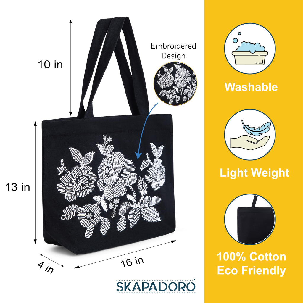 SKAPADORO Canvas Big Zip Handbag Tote,100% Cotton, Inner pocket, Unisex Embroidered Comfortable Bag for Travel Office Beach Shopping, Easy to Wash Trendy Everyday Shoulder Bag (Flowers)