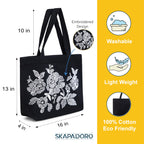 SKAPADORO Canvas Big Zip Handbag Tote,100% Cotton, Inner pocket, Unisex Embroidered Comfortable Bag for Travel Office Beach Shopping, Easy to Wash Trendy Everyday Shoulder Bag (Flowers)