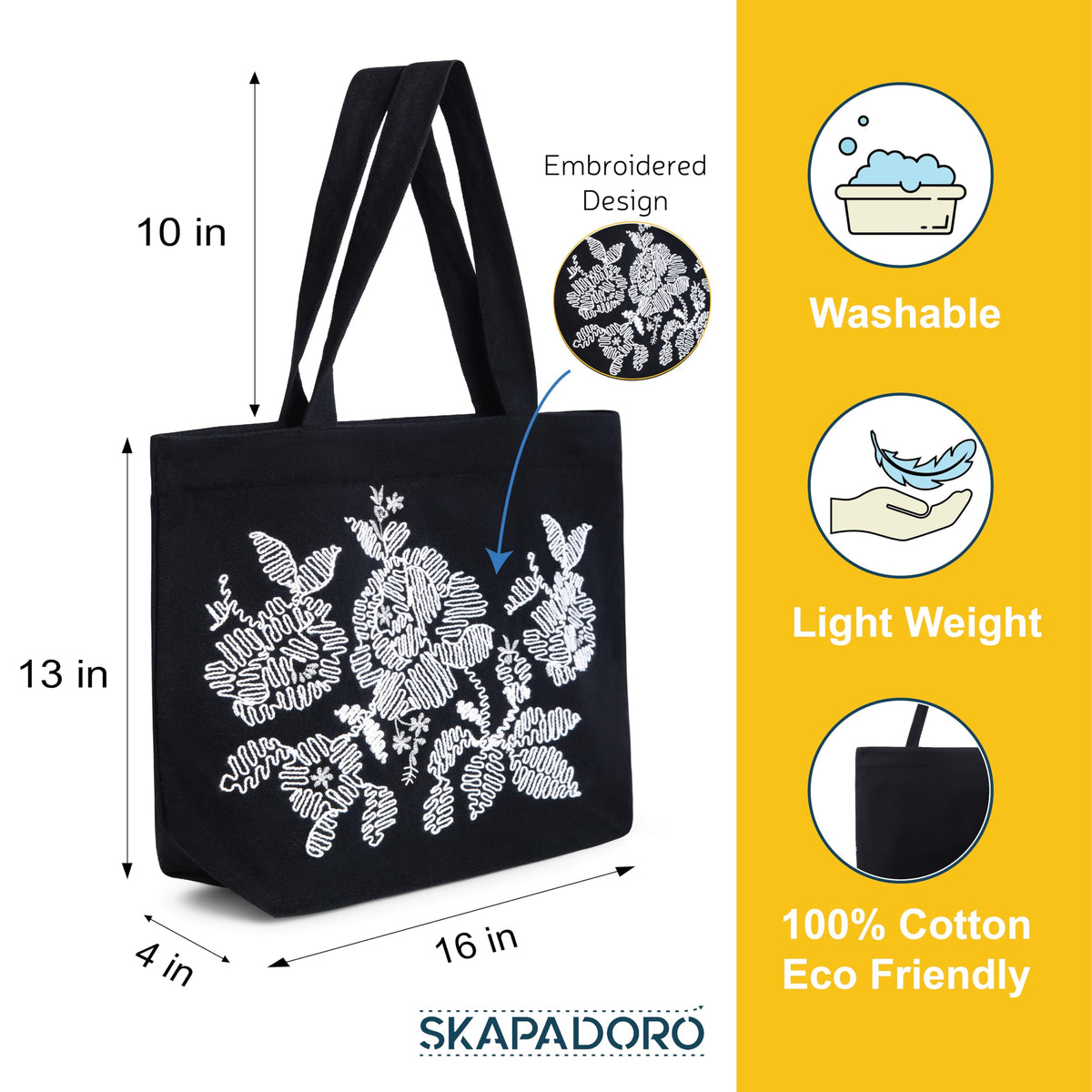 SKAPADORO Canvas Big Zip Handbag Tote,100% Cotton, Inner pocket, Unisex Embroidered Comfortable Bag for Travel Office Beach Shopping, Easy to Wash Trendy Everyday Shoulder Bag (Flowers)