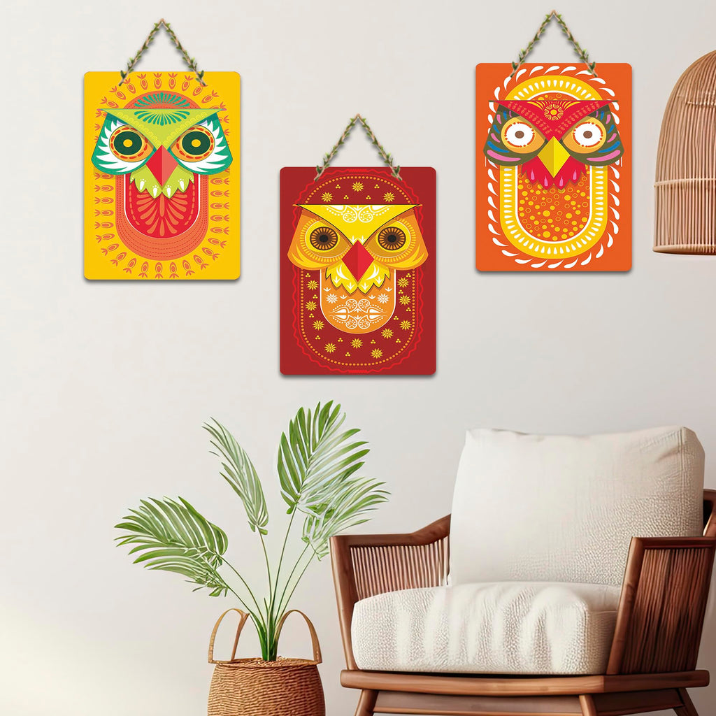Artvibes Vivid Owl Expressions Art Home Decorative Wall Hanging Ornaments | Wall Sculpture | Signs & Plaques | Handcrafted Art | Aesthetic Wooden Decor | Ideal Gift (WH_9619N), Set of 3