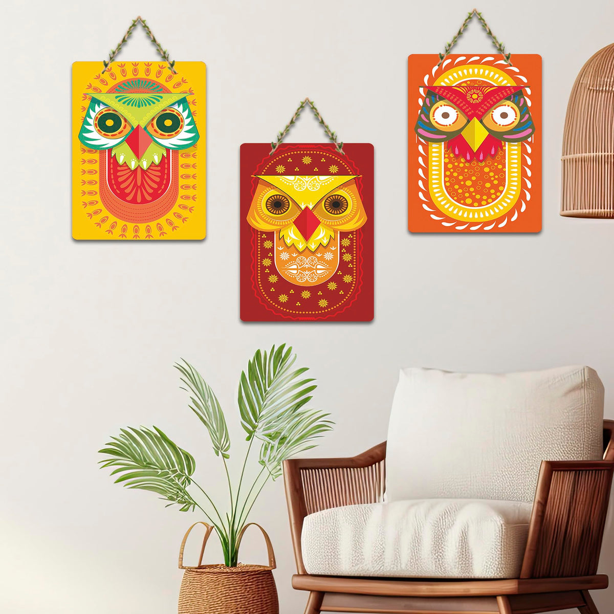 Artvibes Vivid Owl Expressions Art Home Decorative Wall Hanging Ornaments | Wall Sculpture | Signs & Plaques | Handcrafted Art | Aesthetic Wooden Decor | Ideal Gift (WH_9619N), Set of 3