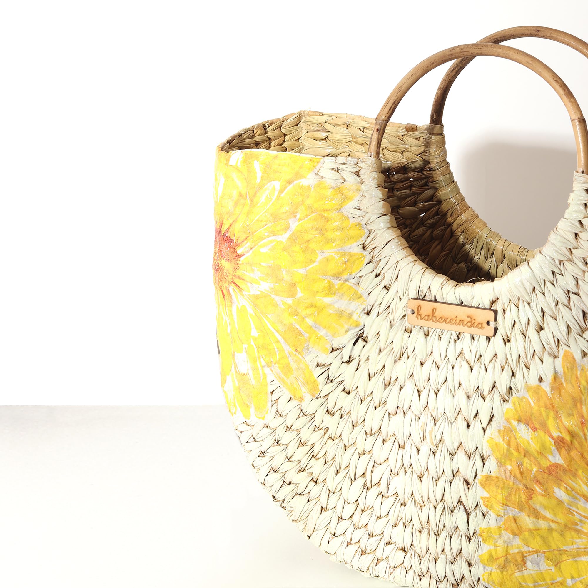 Habere India-All the Cultures Fabricating India Small Tote | Straw Bag | Basket | Beach Bags for Women | Boho Bags | Women Handbag | Half Moon Bag (Design 04)