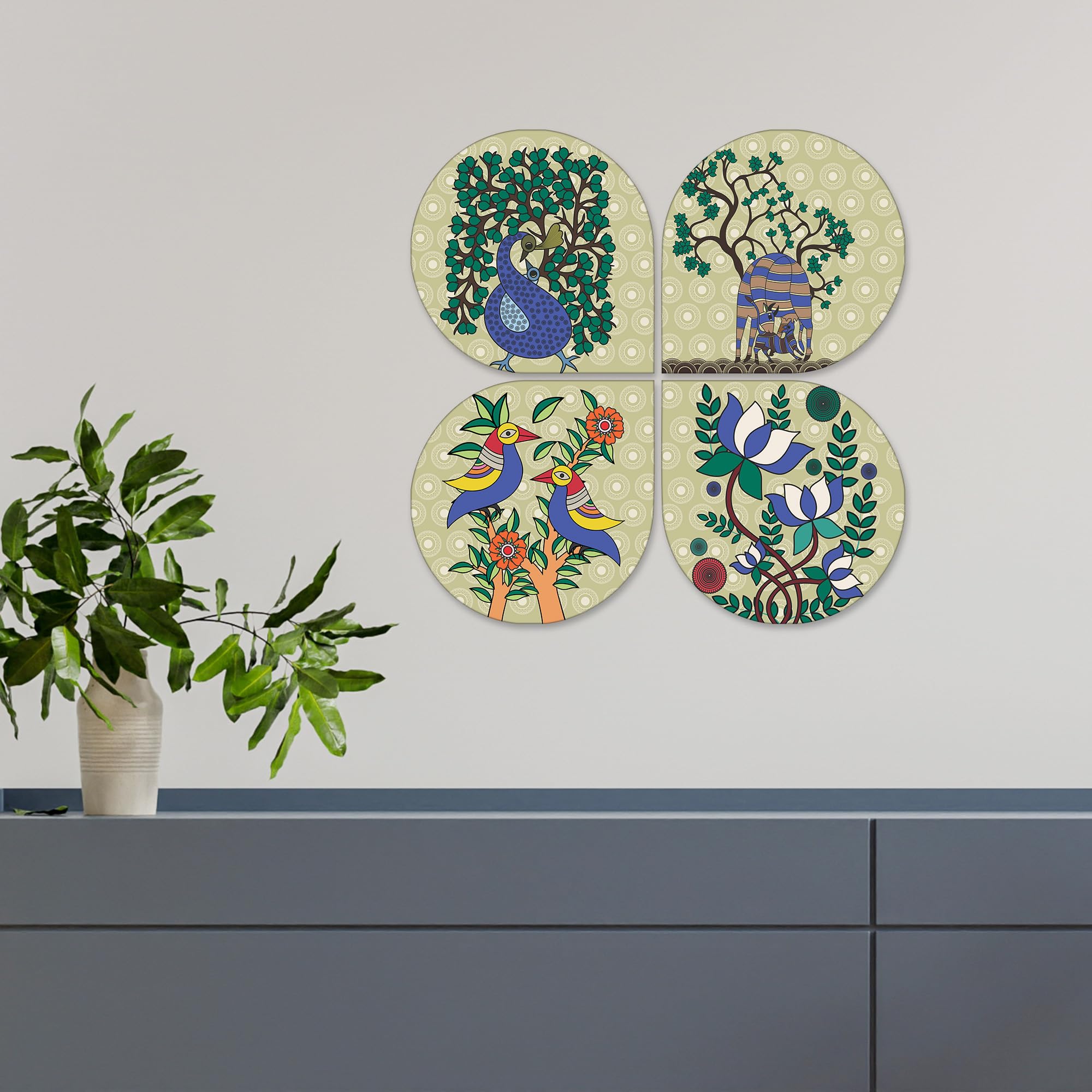 Artvibes Floral Animal Decorative Wall Art MDF Wooden Wall Hanger for Living Room | Modern Decoration Items | Festive Decor | Art Print | Paintings For Wall | Unique Gift Items (WH_8437N), Set of 4