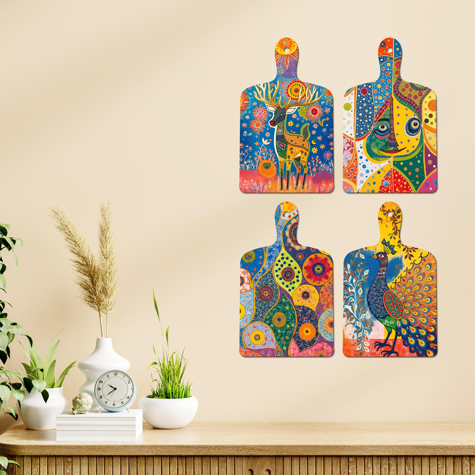 Artvibes Deer, Peacock & Nature Theme Wooden Art Decoration Item for Home | Art For Wall | Wall Sculpture | Signs & Plaques | Festive Decor | Wall Art Print | Unique Gift Items (WH_5658N), Set of 4