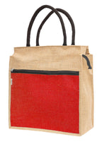 JUTEKA Front Zip Pocket Red color Jute Bag for Lunch, Office, Grocery, Picnic, Tiffin, Shopping Hand Bag with padded cotton handles