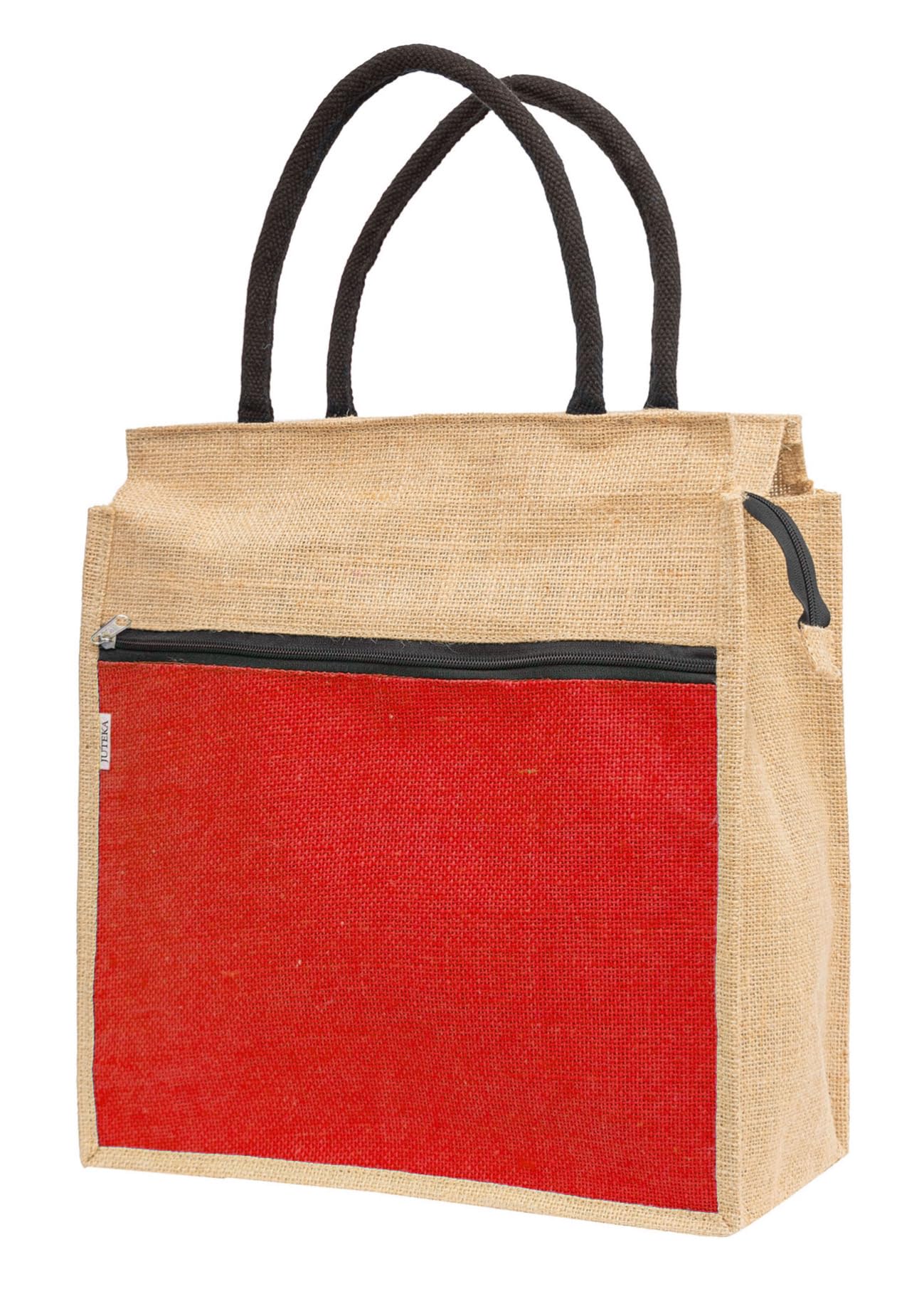 JUTEKA Front Zip Pocket Red color Jute Bag for Lunch, Office, Grocery, Picnic, Tiffin, Shopping Hand Bag with padded cotton handles