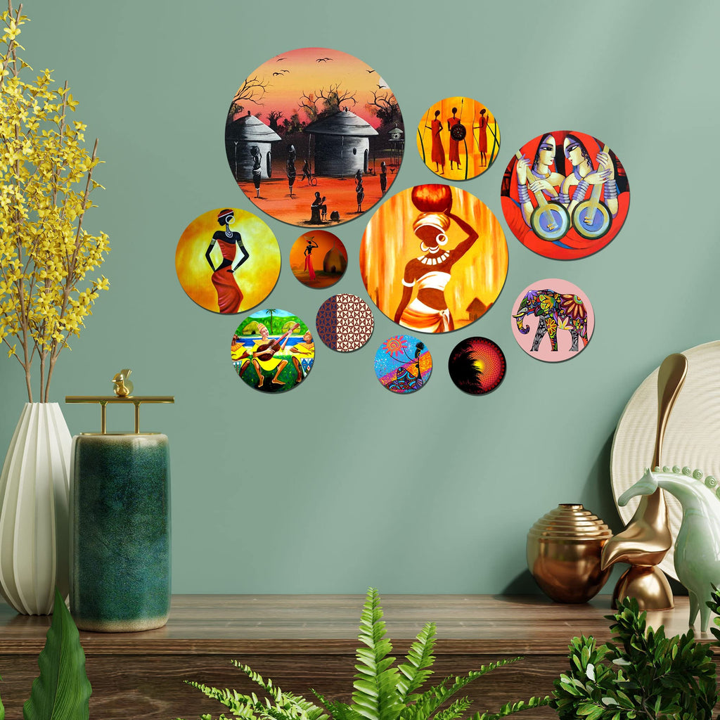 Artvibes African Tribal Dance Folk Art Round Shape MDF Wooden Wall Decor Items | Handcrafted Art | Festive Decor | Aesthetic Wooden Decor | Paintings For Wall | Ideal Gifts (WPS_127N), Set of 11