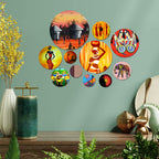 Artvibes African Tribal Dance Folk Art Round Shape MDF Wooden Wall Decor Items | Handcrafted Art | Festive Decor | Aesthetic Wooden Decor | Paintings For Wall | Ideal Gifts (WPS_127N), Set of 11