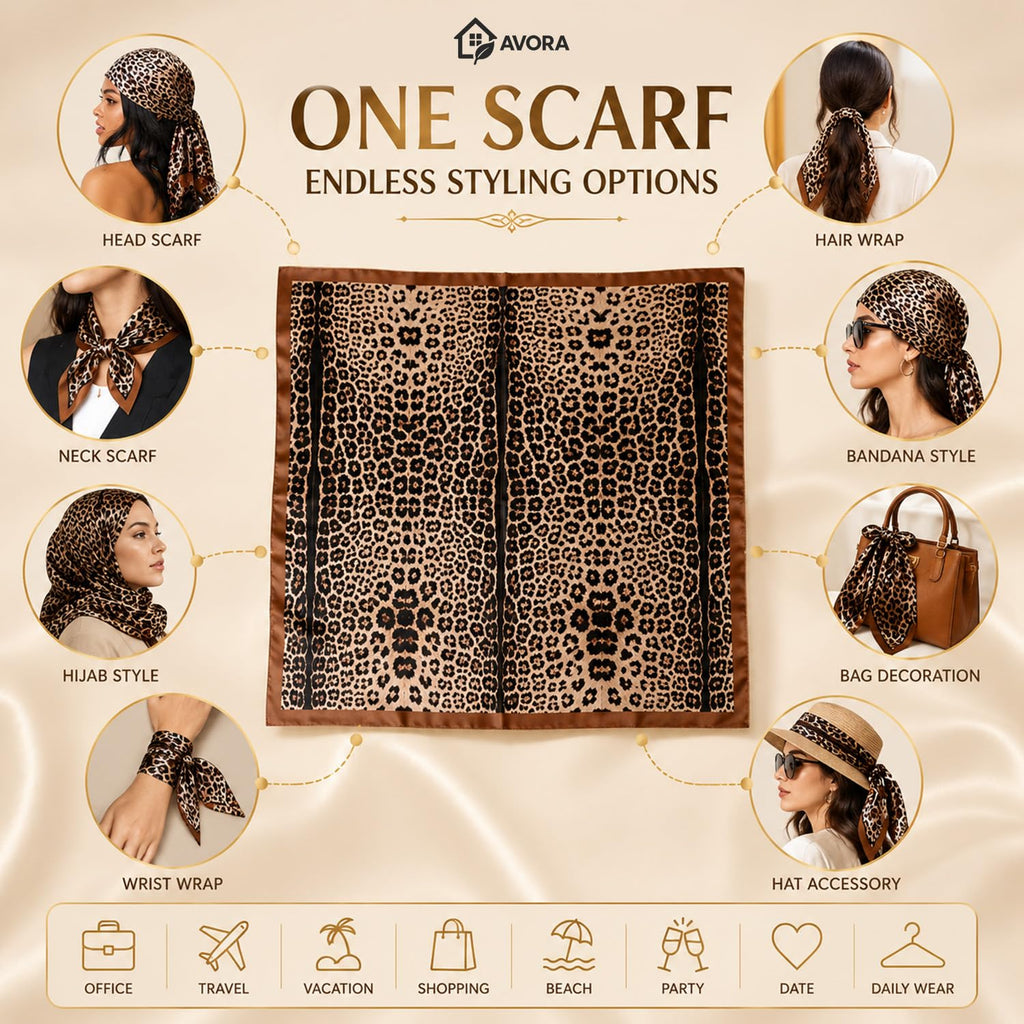 AVORA Leopard Print Satin Square Scarf for Women, Silk Feel Head Scarf, Lightweight Bandana Hair Wrap, Fashion Neck Scarf, Hijab, Brown Animal Print Headscarf, 90 x 90 cm
