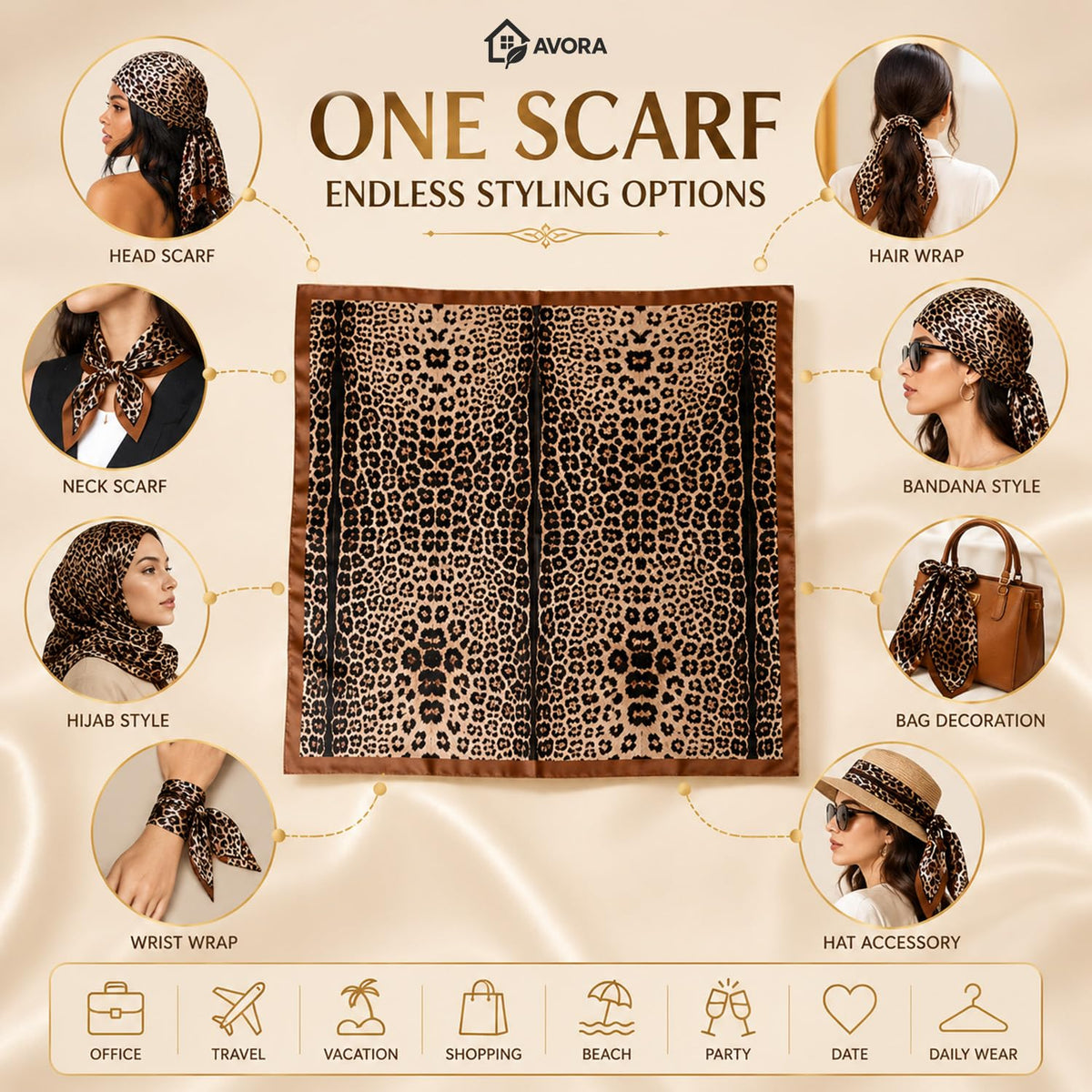AVORA Leopard Print Satin Square Scarf for Women, Silk Feel Head Scarf, Lightweight Bandana Hair Wrap, Fashion Neck Scarf, Hijab, Brown Animal Print Headscarf, 90 x 90 cm