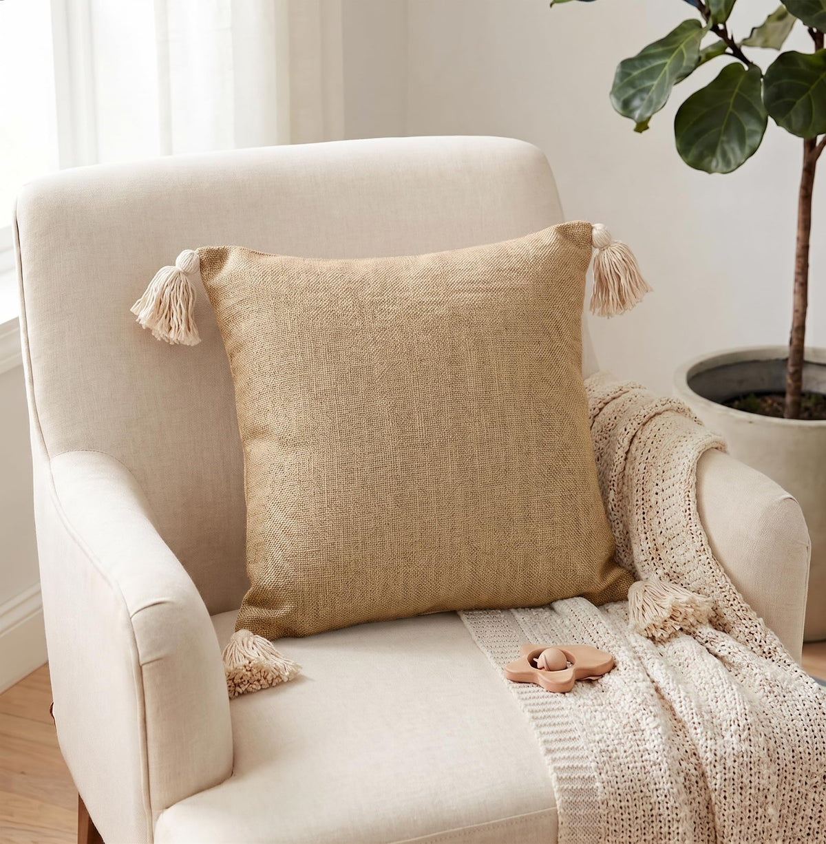 Furnistitchs Solid Boho Cushion Cover 16x16 Inches, Premium Natural Slub Fabric Throw Pillow Case with Tassels for Sofa, Couch, Living Room & Bedroom 40x40 cms, 5 pc - Oatmeal