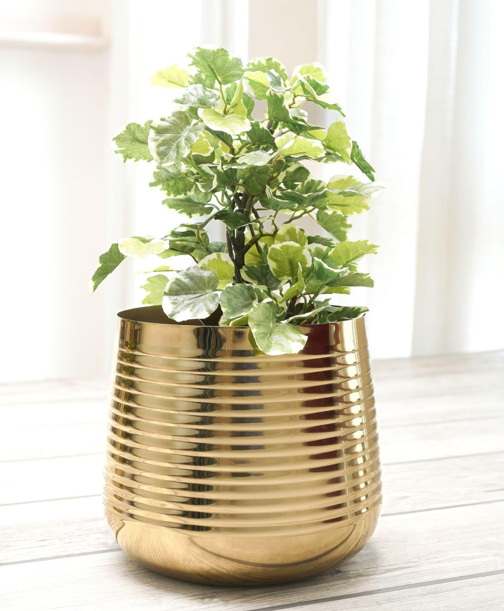 BEHOMA Metal Ribbed Design Planter for Home, Golden
