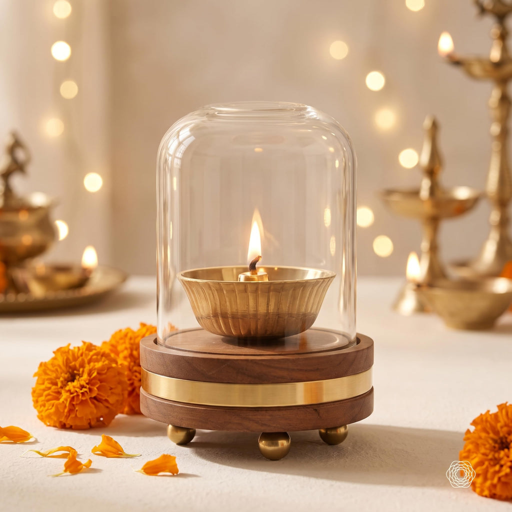 BEHOMA Akhand Brass Diya with Borosilicate Glass Cover & Wooden Base