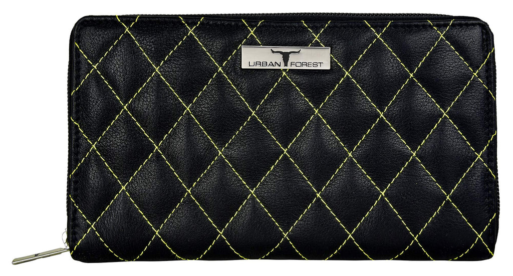 URBAN FOREST Nancy Black Quilted Leather Handbag & Black/Yellow Quilted Leather Wallet Combo Gift Set for Women